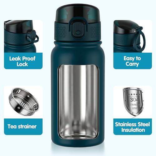 Image of GOPPUS Kids 12oz Insulated Stainless Steel Water Bottle, Leakproof Vacuum Tumbler with Carry Handle, Fits Cup Holders, Reusable Water Bottle for School Outdoor, Boys & Girls（Blue-green）