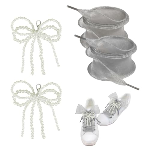 [alldeblue]スニーカー アクセサリー 靴紐付120㎝ リボンチャーム2個 シューレース シューズチャーム シューズピアス (ホワイト・グレー紐) - all de blue - 商品画像