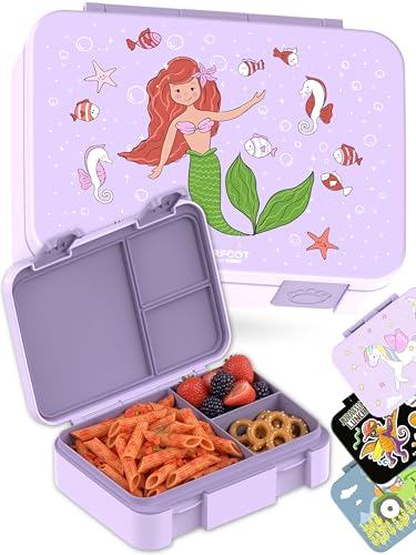 Image of BEARFOOT Kids Lunch Box with Compartments - Compact & Lightweight | Leak-Proof, BPA-Free, Dishwasher Safe | Hand-Drawn Design for Preschool, School, Travel (Mermaid Purple, 4 Cups)