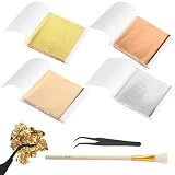 JIANGZHIB 400 Blatt Blattgold, Dekoratives Blattgold zum Basteln, DIY Goldfolie zum Basteln Erhältlich in Gold, Silber, Champagner und Roségold, Goldfolie zum Basteln Mit Pinzetten und Bürsten