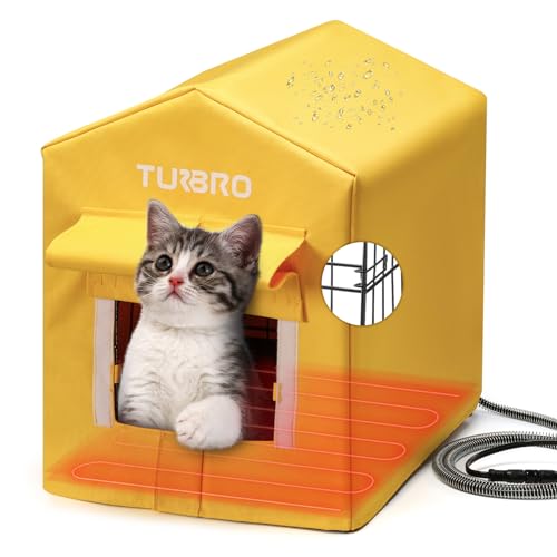 Image of TURBRO Heated Cat House, Insulated and Weatherproof Iron Shelter for Feral and Cats, Heating Pad Bed with 14.7ft Anti-Bite Cord, UL Test Passed, Yellow
