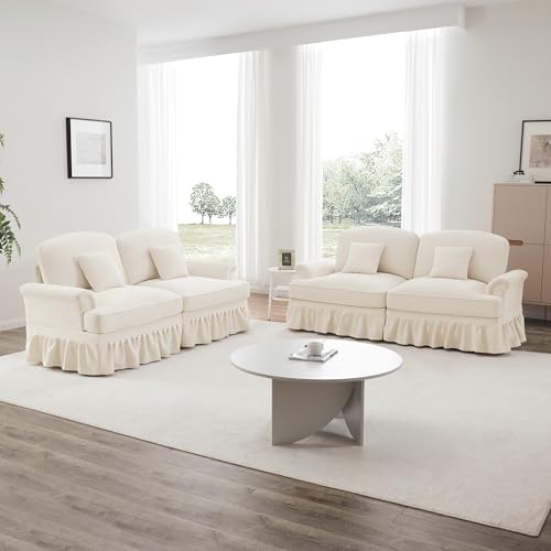 SACOOL Elegante sofá Mid-Century de 2 plazas en forma de L de chenilla con reposabrazos de embudo, delantal desmontable con volantes, patas en forma de husillo y taburete móvil, color blanco