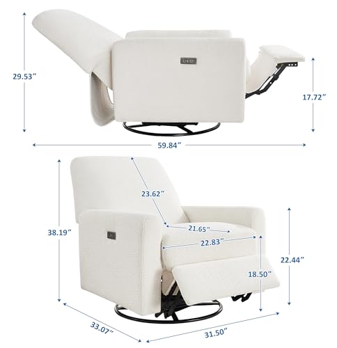 VANOMi Power Swivel Glider Recliner Chair, Electric Nursery Rocker Recliner Chair, USB & Type-C Charger, Boucle White