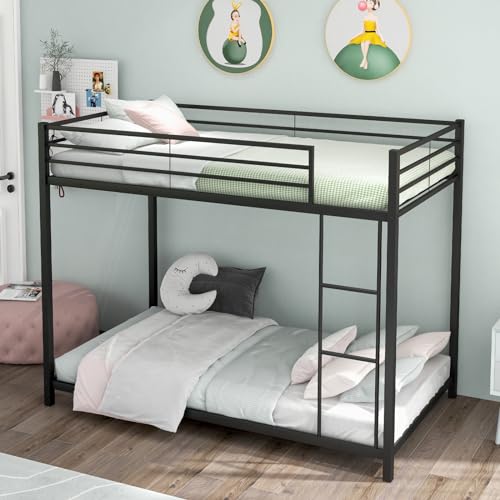KOMFOTT Metal Low Bunk Bed Twin Over Twin, Heavy Duty Bunk Bed Frame with Ladder & Full-Length Guardrails, Metal Slatted Floor Bed Frame for Teens & Adults, No Box Spring Needed (Black)