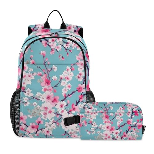 SPRIPORT Teal Cherry Blossoms Kids Backpack Set for Boys Girls Lightweight Toddler School Bookbag with Insulated Lunch Box Elementary Students Knapsack for Preschool Kindergarten College Travel Work