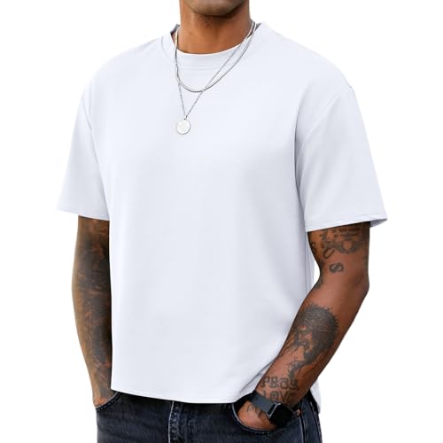 Mens Cropped T Shirt Boxy Short Sleeve Oversized T-Shirts Fashion Loose Fit Drop Shoulder Midweight Crewneck Basic Tee White