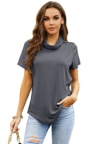 Valphsio Womens Cozy Cowl Neck Tshirt Short Sleeve Tops with Mask Attached (X-Large, X-Dark Grey)