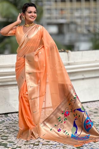 Image of SGF11 Women's Organza Kanjivaram Pure Soft Silk Handloom Saree Pure Golden Zari With Blouse Piece