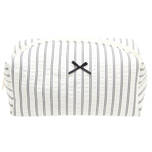 PAZIMIIK Cozy Makeup Bag Small Aesthetic Travel Zipper Cosmetic Pouch for Women Make Up Beauty Accessories Brushes, Stripe Black