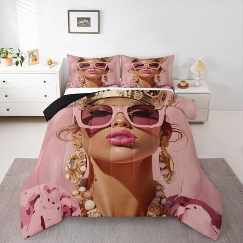 Image of Erosebridal Pink Black Girls King Comforter Set Luxury African American Bedding Set for Girls Women Modern Fashion Woman Room Decor Afro Black Woman Duvet Insert (1 Comforter, 2 Pillowcases)
