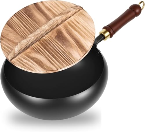 padella in ferro forgiato, 24/28 cm, non rivestita, in forgiato a mano, con coperchio in legno, grande vaso, padella in ferro giapponese, distribuzione uniforme del calore (24cm)