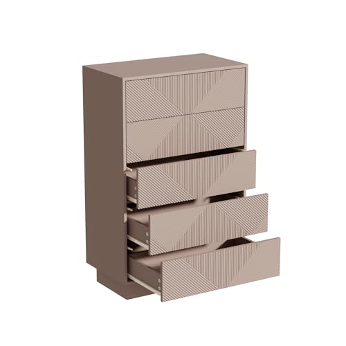 UEV Cassettiera a 5 Cassetti con Motivo a Rombi, Settiminio Spazioso per Archiviazione, Comò Stabile e Durevole per Soggiorno, Camera da letto, Corridoio, 60 x 33,5 x 94 cm, Beige Mocca