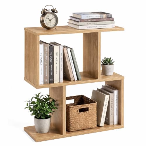 GIANTEX 3-Tier Wood S-Shaped Geometric Bookshelf, Natural
