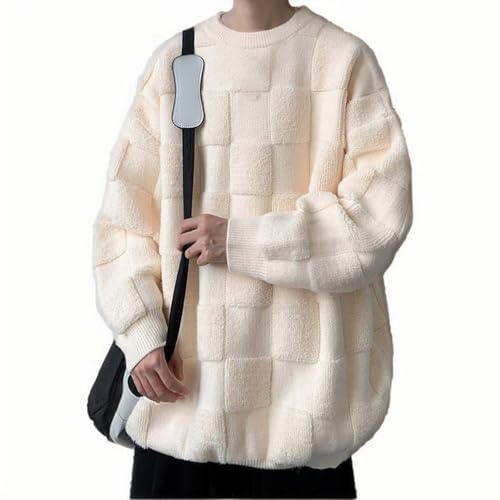 Mens Crew Neck Sweaters Square Jacquard Sweater Long Sleeve Fleece Sweater Casual Pullover Sweater Warm Pullover4