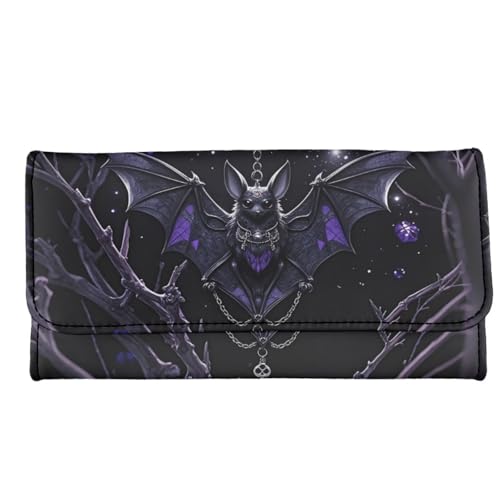 Night Black Bat Women's Trifold Wallet Card Slots Card Holder, Gothic Purple Bats Long Clutch Purse Checkbook Wallets for Ladies, Black2