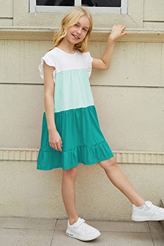 Modafans Girls Ruffle Sleeve Tiered Swing Flowy Dress Colorblock Casual Loose Fit Midi Dress For Girls 8-9T，Fresh Turquoise #TOP1