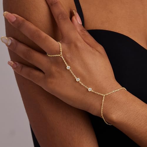 gelbesty Hand Chain Bracelets for Women, 14K Real Gold CZ Diamond Bezel Beaded Bracelets, Dainty Adjustable Bracelets for Women Trendy Waterproof, Jewelry Gifts for Women4