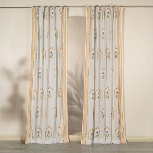 Image of Tranquebar Curtain Co. Window Curtains 5 Feet, 60-65% Room Darkening,Vilolet Mughal Print, Cotton Curtains for Window, Cotton Curtains 5 Feet Long Set of 2, BackTab Loops,Mehr (152 cm) - Set of 2