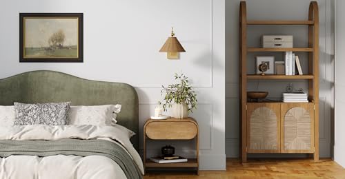 Image of Nathan James Celeste Rattan Wall Light, Modern Farmhouse Wall Mounted Plug in Light, Wall Mount Reading Lamp for Bedside with Rattan Shade Set of 2