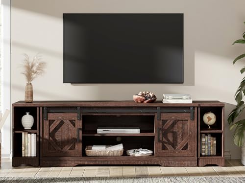 Image of WAMPAT Farmhouse TV Stand for 80-85 inch TV with Distressed Wood Finish
