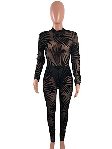 Ophestin Womens Sexy Long Sleeve Sheer Tulle Mesh Jumpsuit Rompers Clubwear Size S B - Black #TOP4