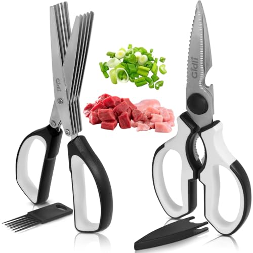 Gidli 2 Pack Herb Scissors & Kitchen Shears - Lifetime Replacement Warranty* - Herb Scissors with 5 Blades and Cover - Heavy Duty Vegetable Salad Multi Blade All-Purpose Food Shears Dishwasher Safe
