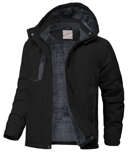 Zoofly Kinder Winterjacke Thermo Gefütterte Skijacke Jungen Wasserdicht Reißverschluss Tasche Outdoorjacke Warm Fleece Schwarz M(8-9)