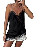 Women Y2K Satin Lace Cami Top Sleeveless Spaghetti Strap Silk V Neck Asymmetrical Lace Camisole Side Slit Tank Top Streetwear (A-Black, S)