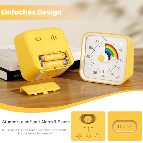 InfPokid Visueller Timer Kinder mit Pausenfunktion, 60 Minuten Countdown Regenbogen Timer für Kinder Schreibtischstudie, Klassenzimmer, Büro, Küche, Leises Zeitmanagement für ADHS (Gelb Regenbogen) 5