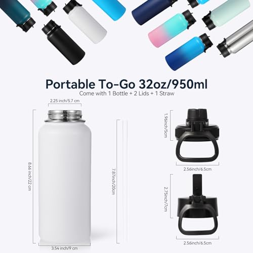 Neihepal 32 oz Insulated Water Bottles with 2 Lids (Straw & Spout Lid), 18/8 Stainless Steel Double Wall Water Bottle for Gym, Travel, Camping, Sports (White,2 Pack) by Neihepal - Used condition - Image 2