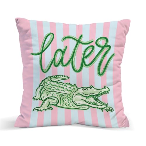 simsenty Preppy Alligator Throw Pillow Covers 18x18,Everyday Later Gator Pink Mint Green Decorative Cushion Covers for Teen Girls Bedroom Dorm Room Apartment,Coastal Summer Home Decor