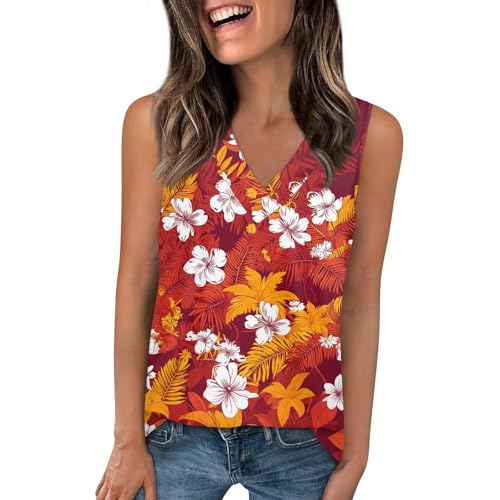 Women's Fashion V-Neck Printed Top， Sleeveless Autumn Park Blouse Woman Plus Size Beautiful Pleated Regular T Shirt for Ladies Tropical Print Lightweight V Neck Polyester Red XL