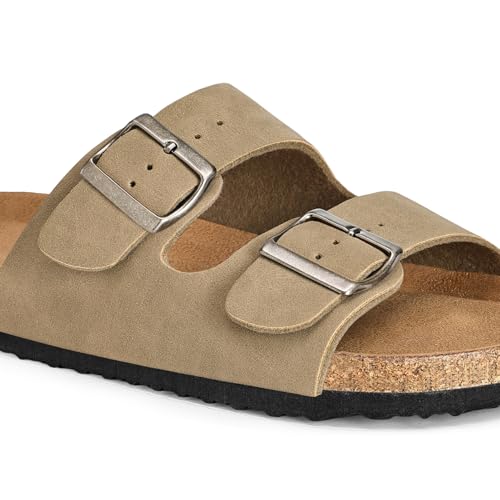 Image of mysoft Womens Flat Sandals Cork Footbed Slides with 2 Straps | Adjustable Buckle Slip On Comfortable Casual Light Weight Summer sandals