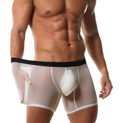 DKEGIFF Mens Mesh Underwear Ice Silk Boxer Brief Male See Through Underpants Cooling Extended Protect Crotch Sport Shorts White