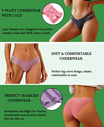 Finetoo Seamless Underwear For Women Cheeky Bikini Panties High Cut V-Waist Lace Underwear Women Cute Bikinis 6 Pack #TOP2