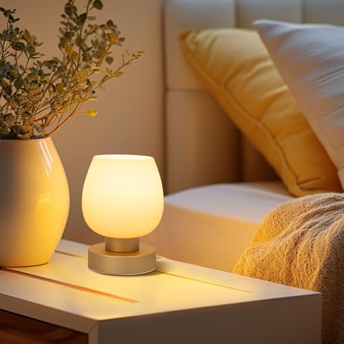 Touch Bedside Table Lamp - Desert Titanium Color Glass Lamp Shade, Warm LED Bulb, 3 Way Dimmable, Simple Design - Thumbnail 5