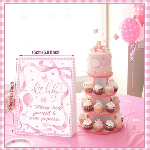 FunooFuno 100 Set Pink Bow Baby Shower Popcorn Bags Pink Popcorn Table Decoration Baby Shower Party Favors for Guests Coquette Bow Snack Bags Stickers for Gift Wrapping and Food Storage by FunooFuno - Image 4