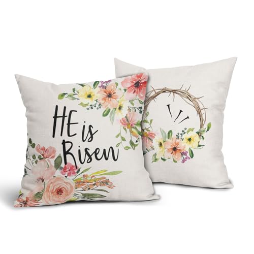 He is Risen Easter Religious Pillow Covers 18x18 Inches Colorful Flowers Throw Pillow Case Set of 2 Easter Spring Pillow Cover Cotton Linen Cushion Cover for Home Couch Sofa Bedroom Livingroom