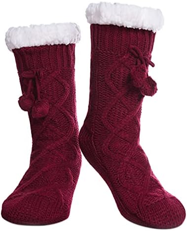 Yebing Womens Non Slip Slipper Socks Winter Warm Soft Cozy Fuzzy Fleece-lined Grippers Home Socks (Wine Red)