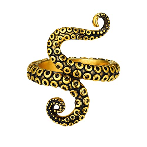 PROSTEEL Gothic Octopus Ring for Men, Gold Punk Rings, Size 7