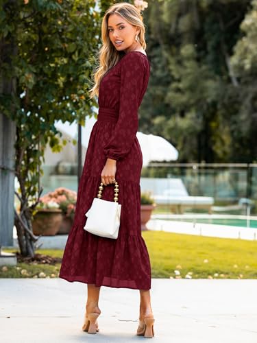 Simplee Womens Casual Long Sleeve Dress Fall Elegant Wedding Guest V-Neck Maxi Floral Dresses 2025 Trendy(Small,Wine Red) — view 2