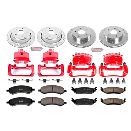 Image of PowerStop Front and Rear Brake & Caliper Kit for Dodge Ram 1500 2006-08 - Carbon-Fiber Ceramic Brake Pads + Drilled & Slotted Rotors + Red Powder Coated Calipers, KC2164