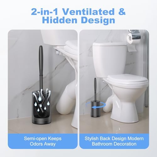 HAMITOR Toilet Bowl Brush Holder Set: Curved Design with Holder for Deep Cleaning Under Rim - Compact Hidden Cleaner Scrubber for Small Space - Home RV Bathroom Accessories - Black 2 Pack - 3