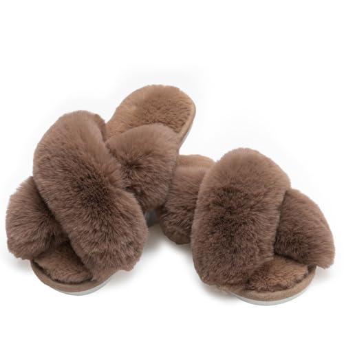 Image of Enteer Women's Slipper Memory Foam Cross Band Fuzzy Slippers Open Toe Cozy House Slippers Cozy Plush Bedroom Indoor Outdoor