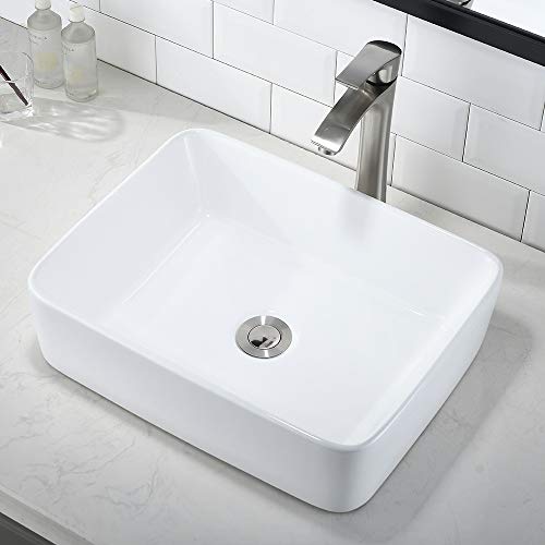 Rectangle Vessel Sink With Faucet And Drain Combo-Bokaiya 16X12 Above Counter Bathroom Sink White Porcelain Ceramic Rv Bathroom Vessel Sink Art Basin, Faucet Matching Pop Up Drain Combo #TOP1
