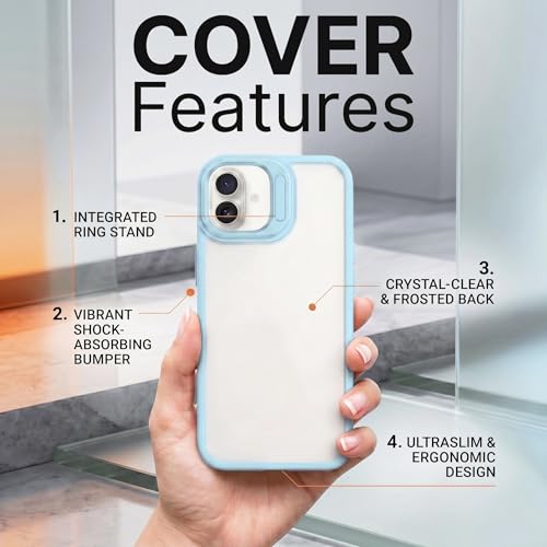 Image of amazon basics Frosted Matte Case for iPhone 17 | Built-in Flip-Out Camera Lens Stand | Translucent Back with Contrast Blue Bumper | Shockproof Protective Cover with Foldable Kickstand
