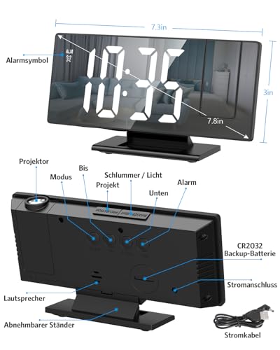 Criacr Projektionswecker, Digitaler Wecker mit Projektion 180 °, LED Spiegel-Wecker mit Große Display, Temperaturanzeige, Wecker Digital mit Snooze, Datum, 3 Helligkeit, für Schlafzimmer Büro