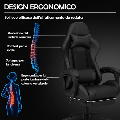 Sedia Poltrona Gaming Scrivana Ufficio Casa in Ecopelle Schienale Reclinabile Cuscino Lombare Poggiatesta Rotazione 360 Gradi Direzionale Altezza Regolabile 5 Ruote con Poggiapiedi (Black) - Sedia gaming - Immagine 5