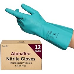 Ansell AlphaTec 37-300 Multipurpose Nitrile Gloves with Long Cuff, Chemical Protection and Food Safety, Reusable Kitchen Gloves, Household Cleaning and Dishwashing, Green, Size L (12 Pairs)