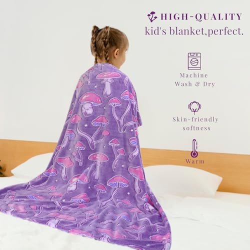 Image of Twin Size Mushroom Blanket Glow in the Dark - Soft Fuzzy Purple Fleece Throw Cottagecore Bedding for Women Teens, Couch Sofa Home Decor 60x80inches